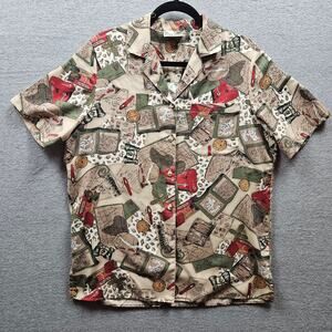 RARE Vintage Adventurer Gear Allover print Short Blouse/Women's Shirt/BeigeSMALL